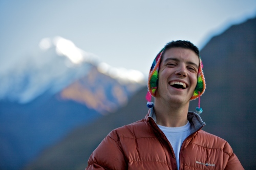 Jacob laughing, with Mount Veronica in the background.