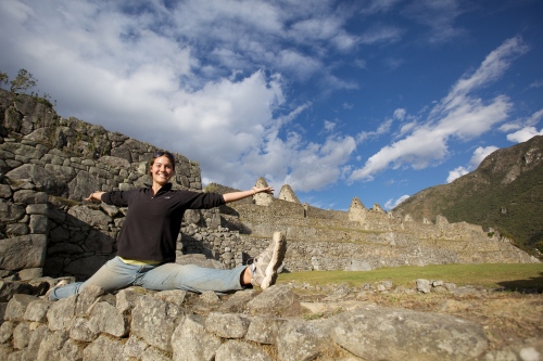 Kelsey doing a split on Machu Picchu.